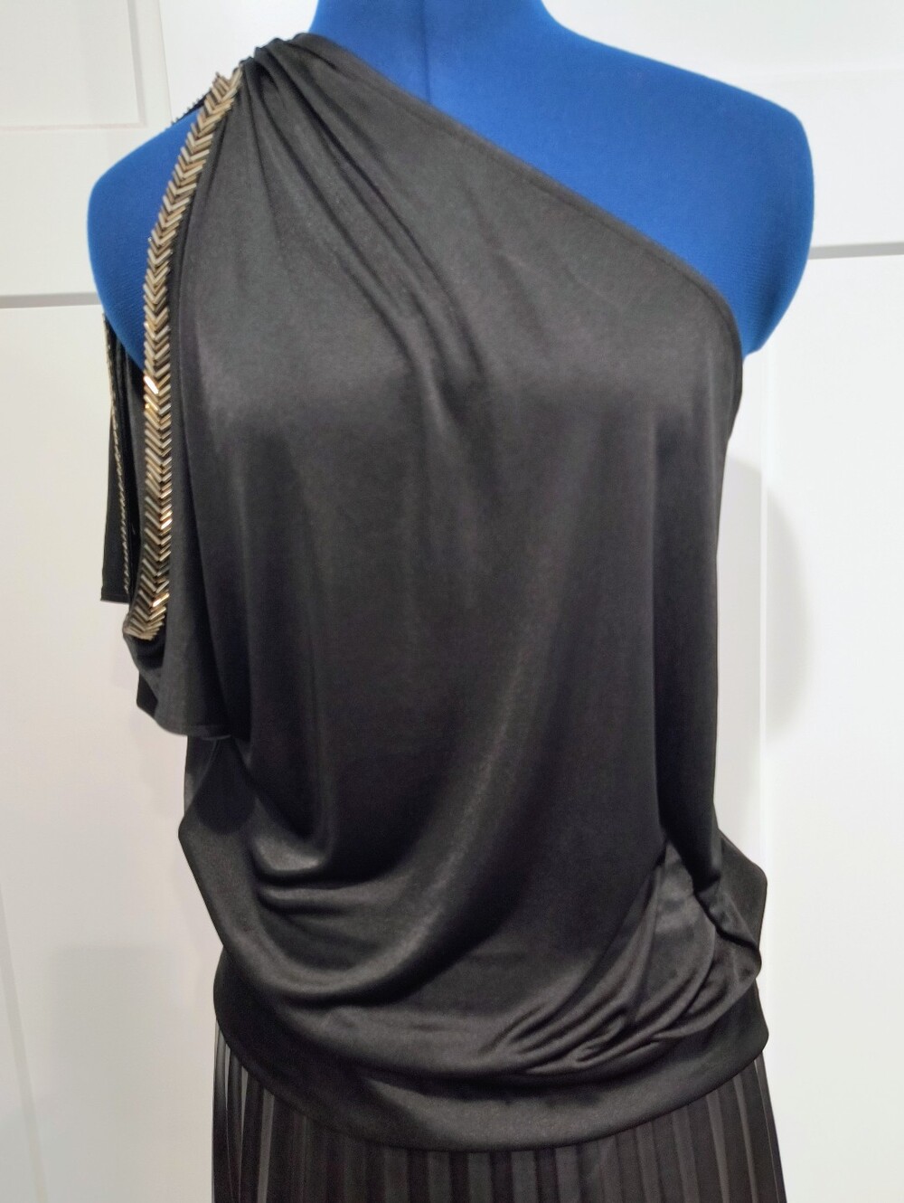 Moda International Black One-Shoulder Dress with Gold Trim Detail